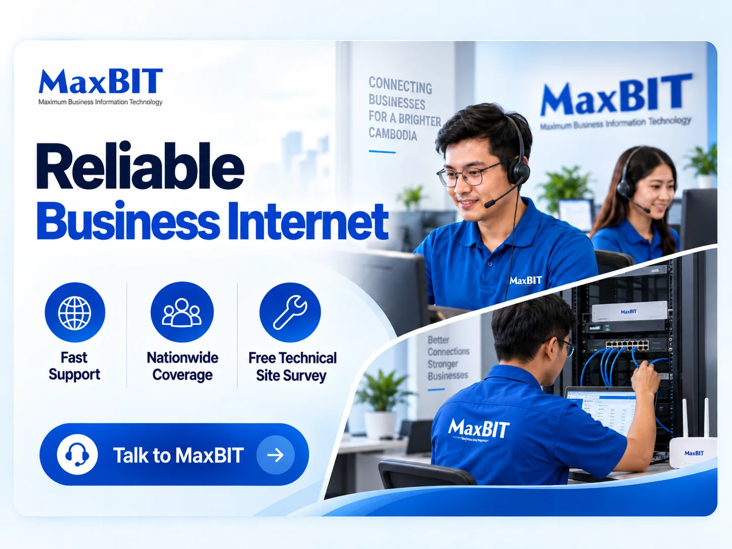 MaxBIT reliable business internet banner with support team and network configuration