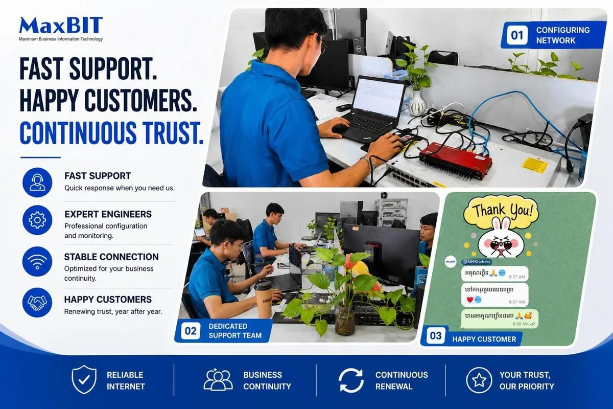 MaxBIT technicians configuring enterprise network equipment and providing customer support
